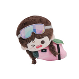 Plush toy with a character wearing goggles and a pink outfit on a white background